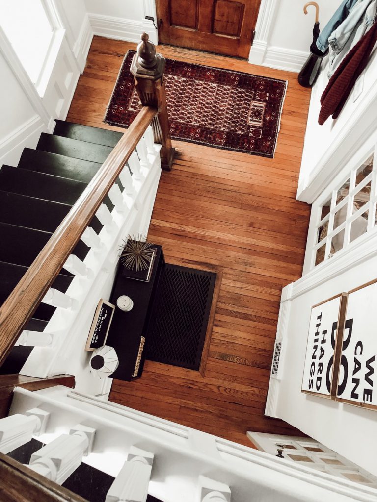 Modern, Vintage House Tour | Entryway, original wood floors, staircase | Miranda Schroeder Blog
