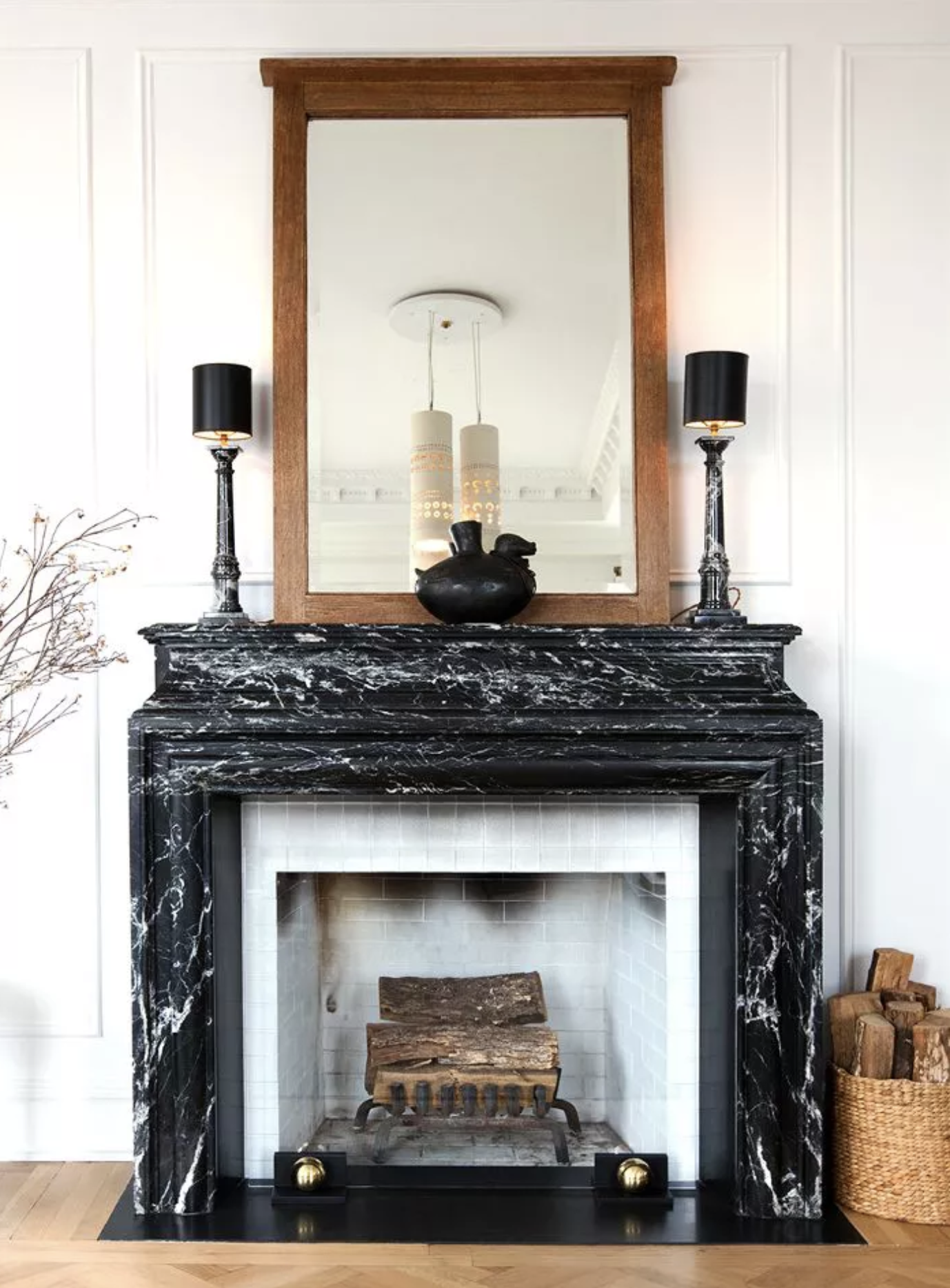 One Room Challenge - Black Fireplace with Lamps and a Mirror - Miranda Schroeder Blog