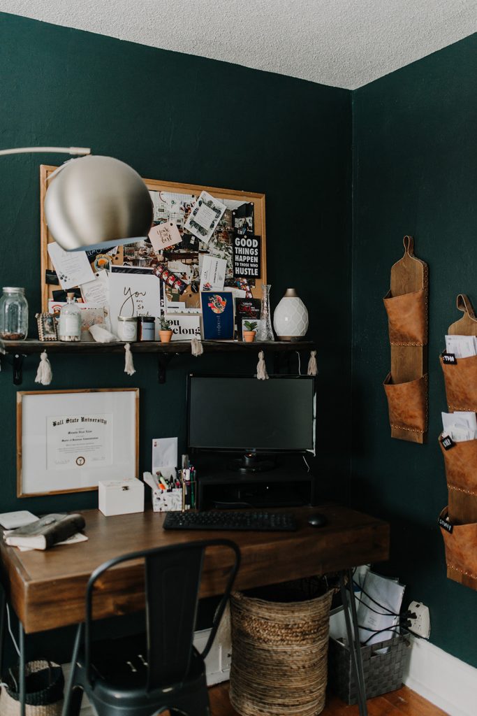 Our Cozy, Black Evergreen Spare Bedroom with an Office Nook